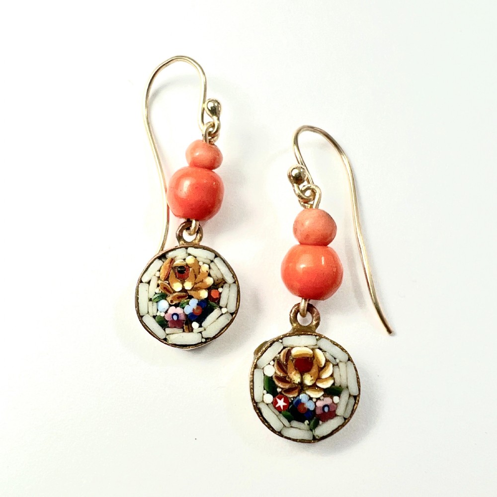 Antique Coral Micromosaic Earrings on 9CT Gold Wires View V