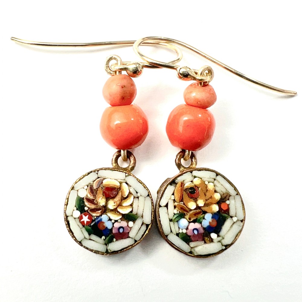 Antique Coral Micromosaic Earrings on 9CT Gold Wires View VI