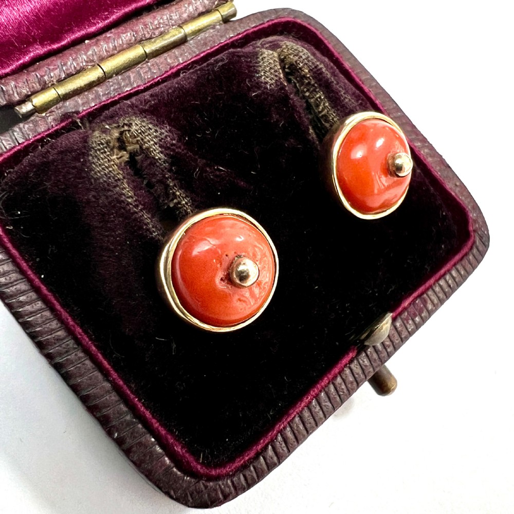 Victorian 9CT Gold Coral Stud Earrings View II
