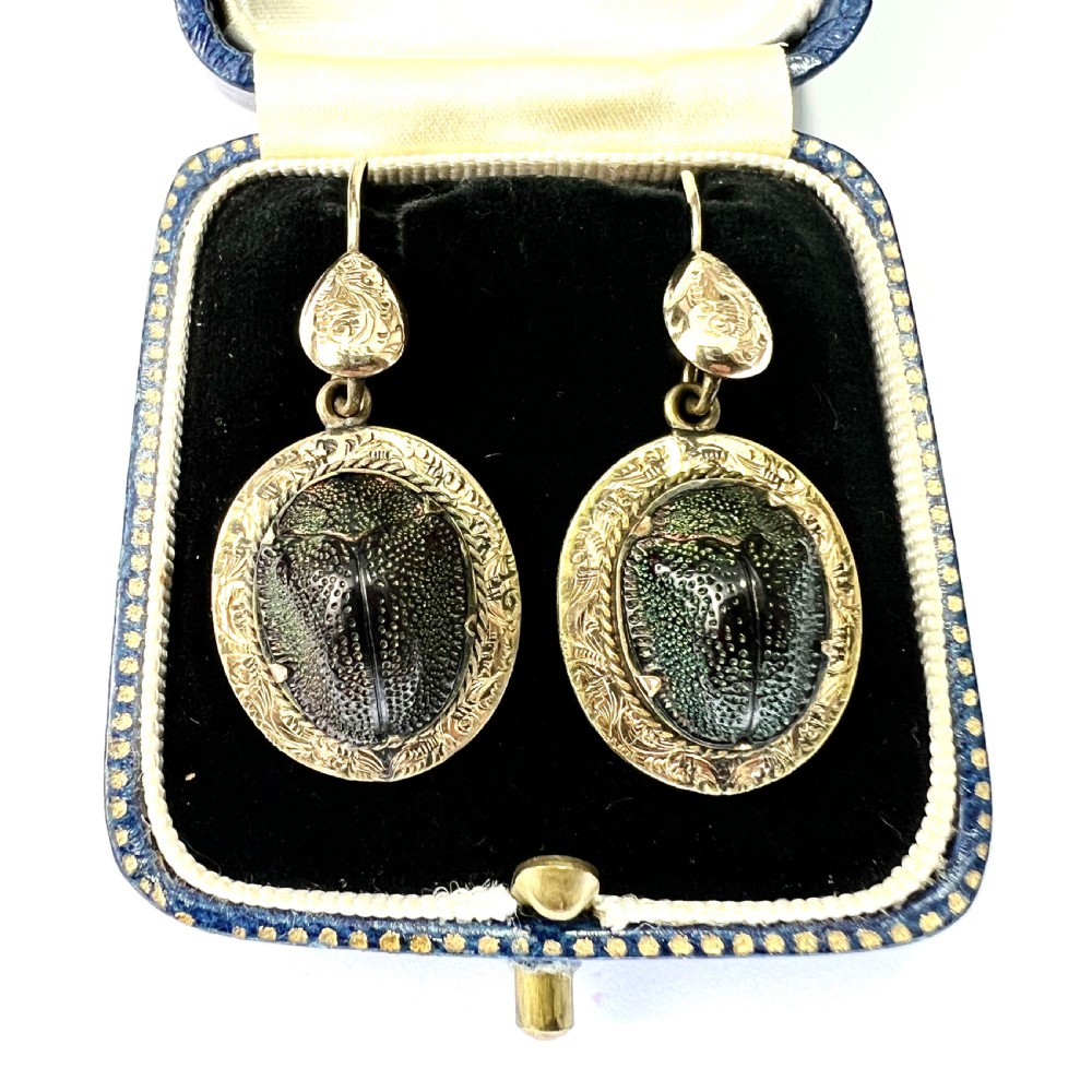 Ornate Victorian Scarab Beetle 9CT Gold Drop Earrings