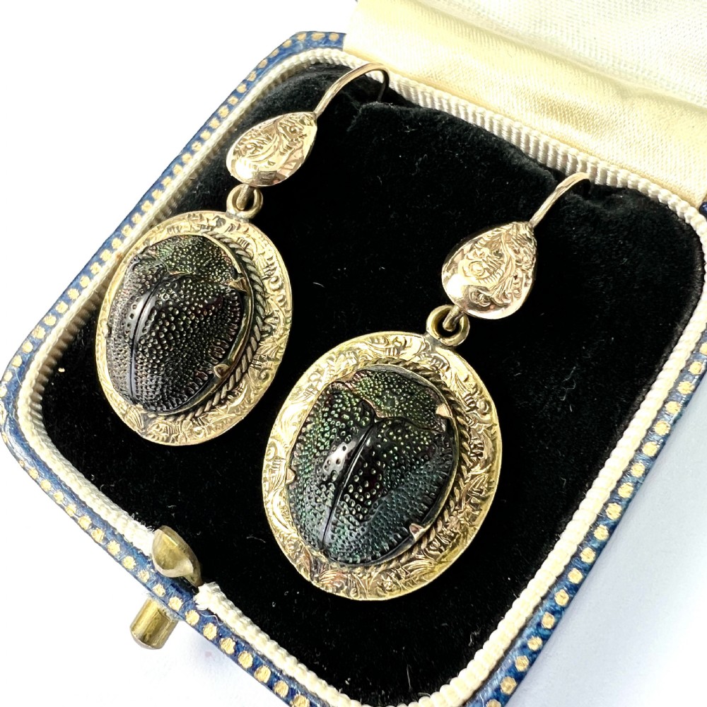Ornate Victorian Scarab Beetle 9CT Gold Drop Earrings View II