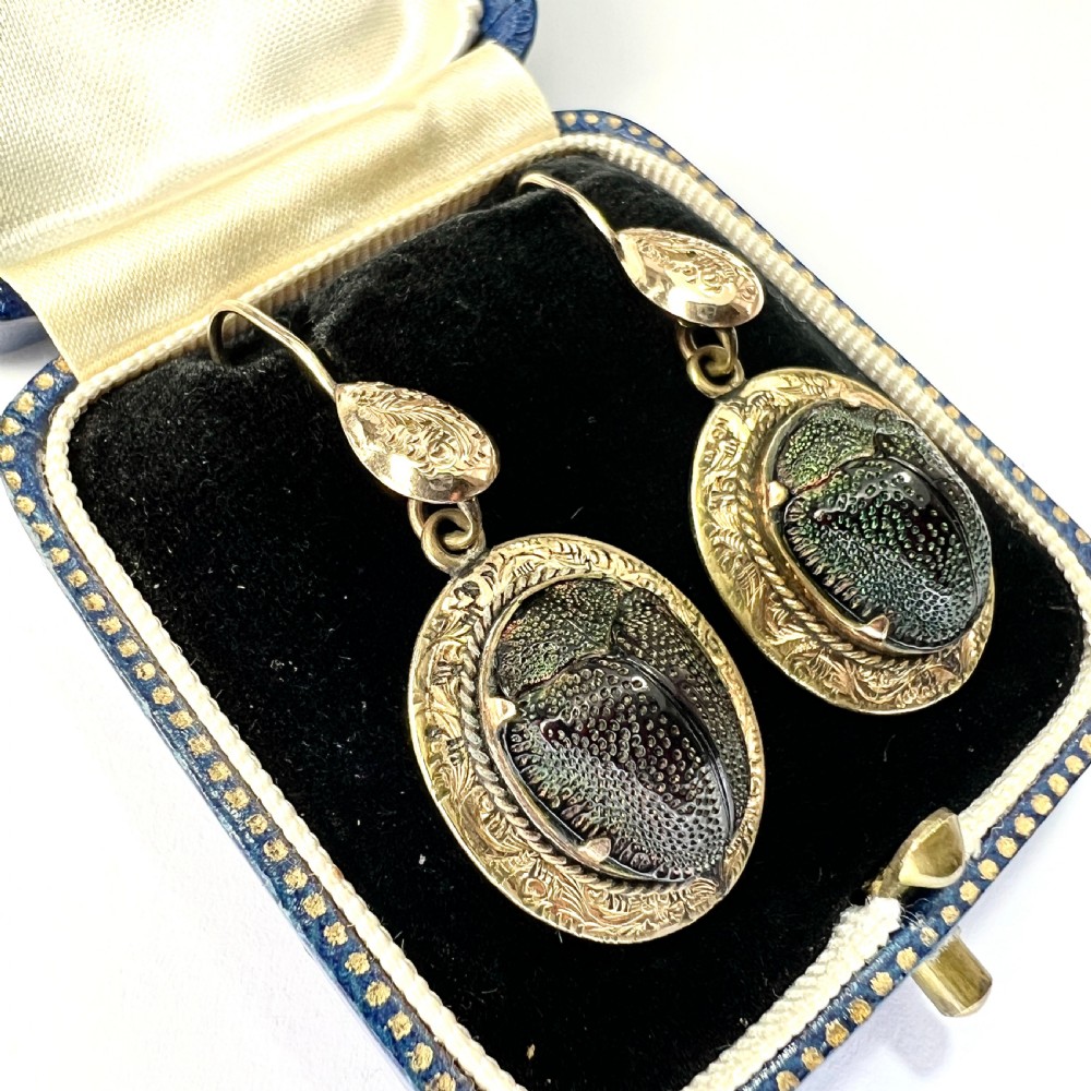 Ornate Victorian Scarab Beetle 9CT Gold Drop Earrings View III