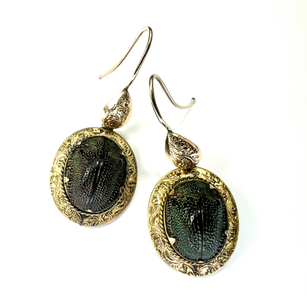 Ornate Victorian Scarab Beetle 9CT Gold Drop Earrings View V