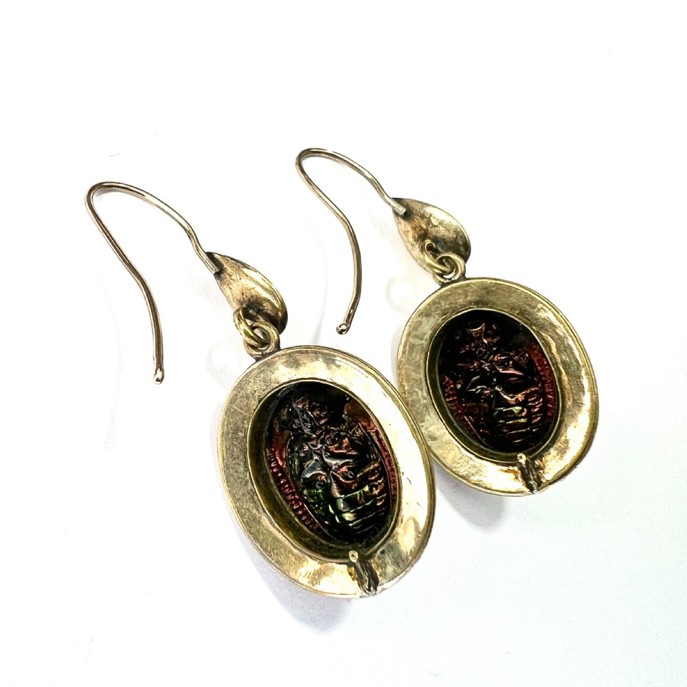 Ornate Victorian Scarab Beetle 9CT Gold Drop Earrings View VI