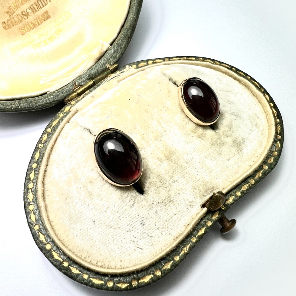 Victorian 9CT Gold Garnet Cabochon Stud Earrings View II