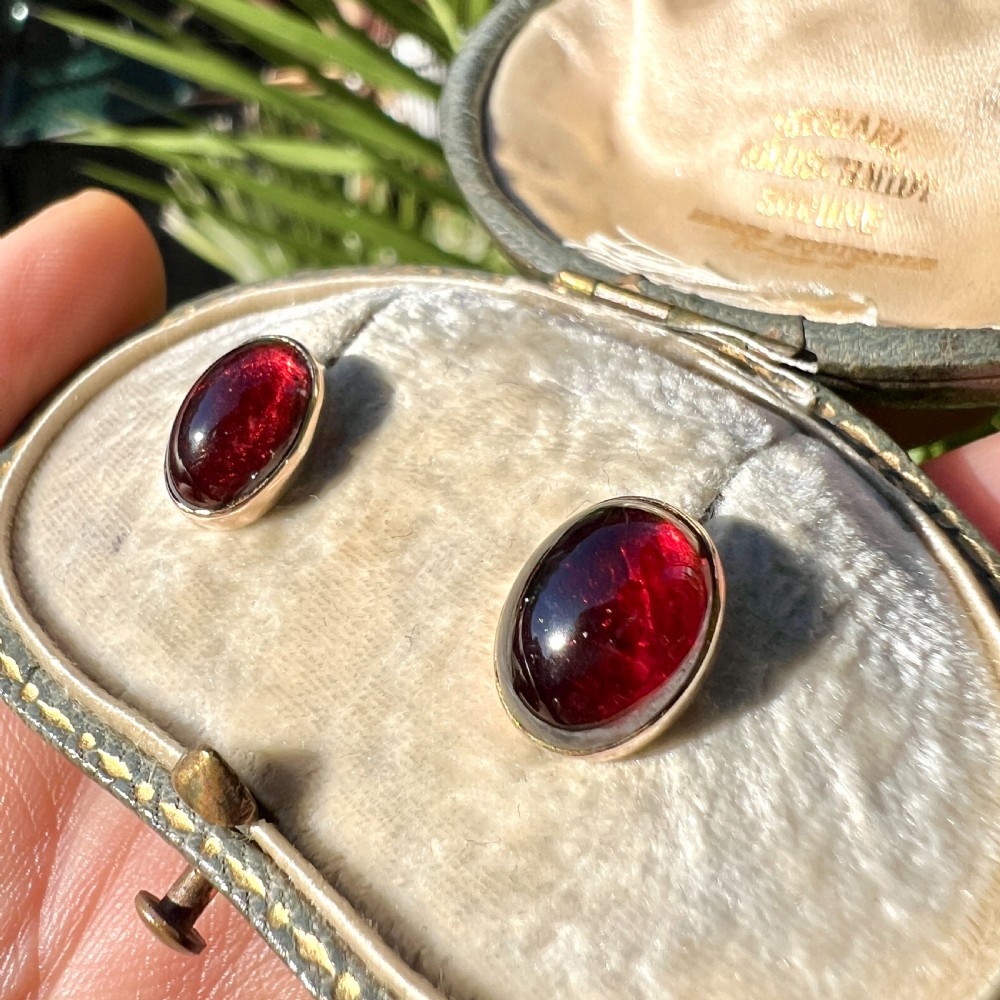 Victorian 9CT Gold Garnet Cabochon Stud Earrings View VII