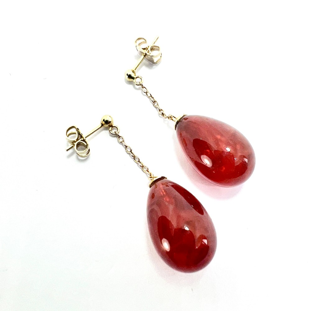 Edwardian Carnelian Glass Chain Drop Earrings in 9CT Gold