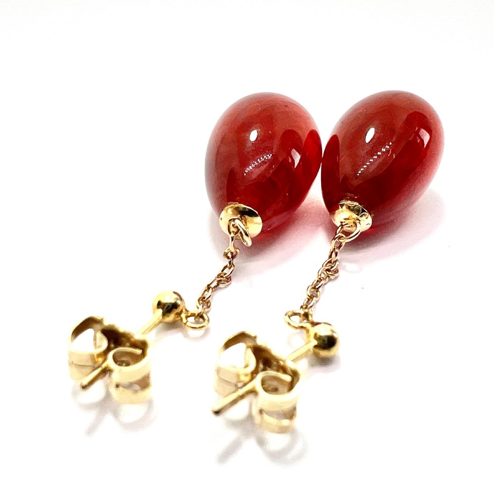 Edwardian Carnelian Glass Chain Drop Earrings in 9CT Gold View III