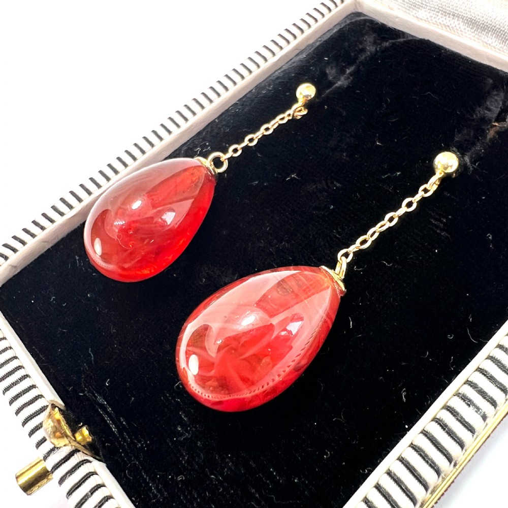 Edwardian Carnelian Glass Chain Drop Earrings in 9CT Gold View IV