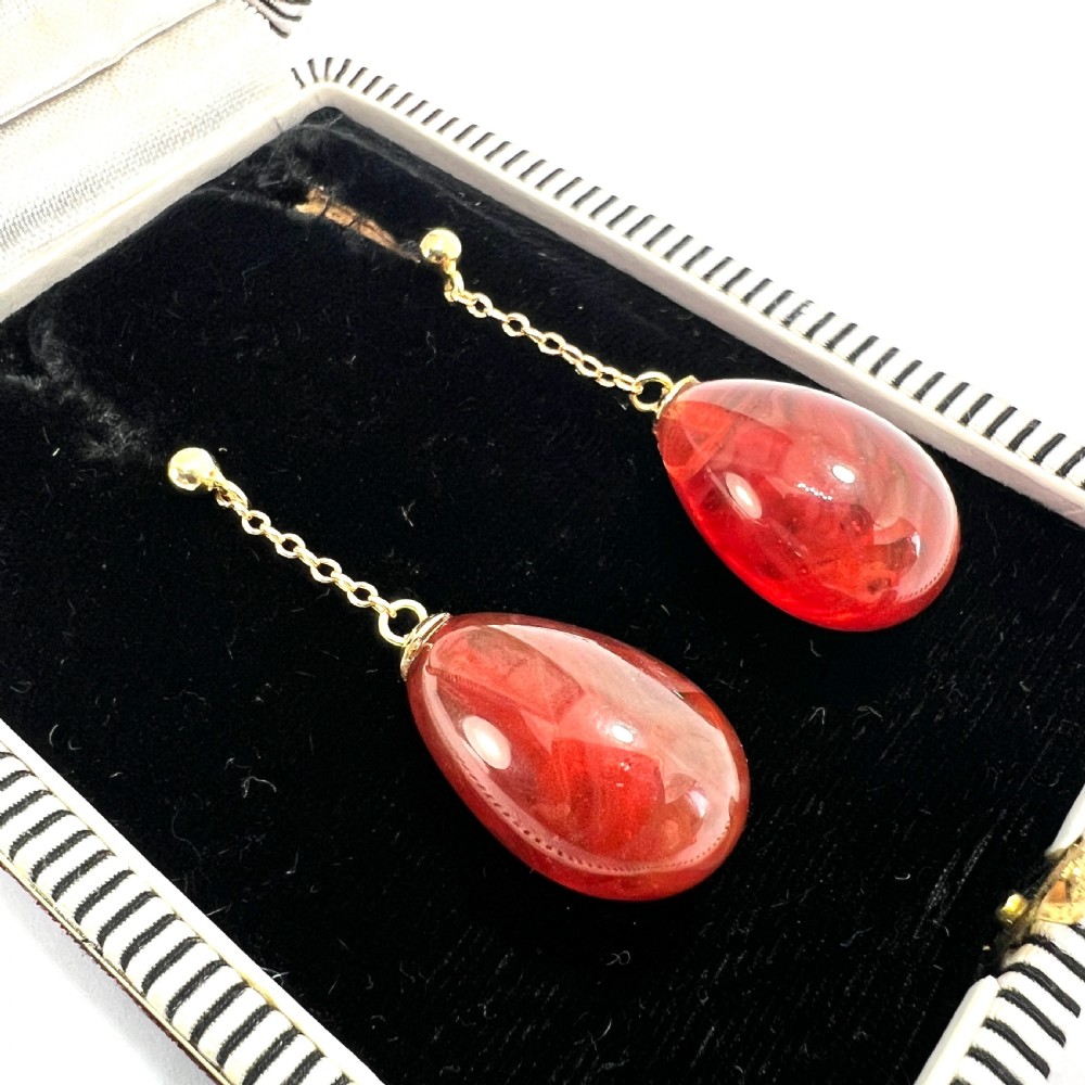 Edwardian Carnelian Glass Chain Drop Earrings in 9CT Gold View V