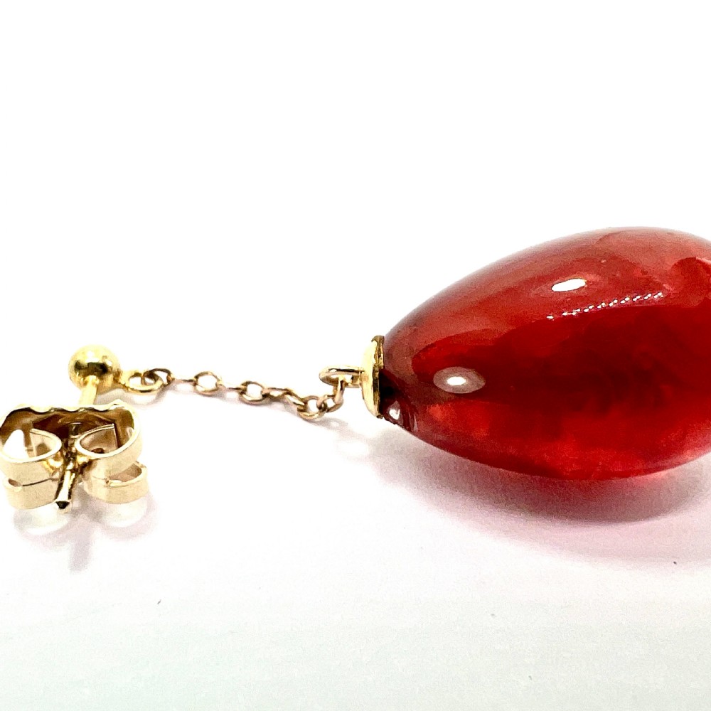 Edwardian Carnelian Glass Chain Drop Earrings in 9CT Gold View VI
