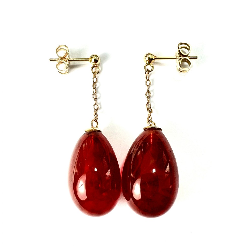 Edwardian Carnelian Glass Chain Drop Earrings in 9CT Gold View VII