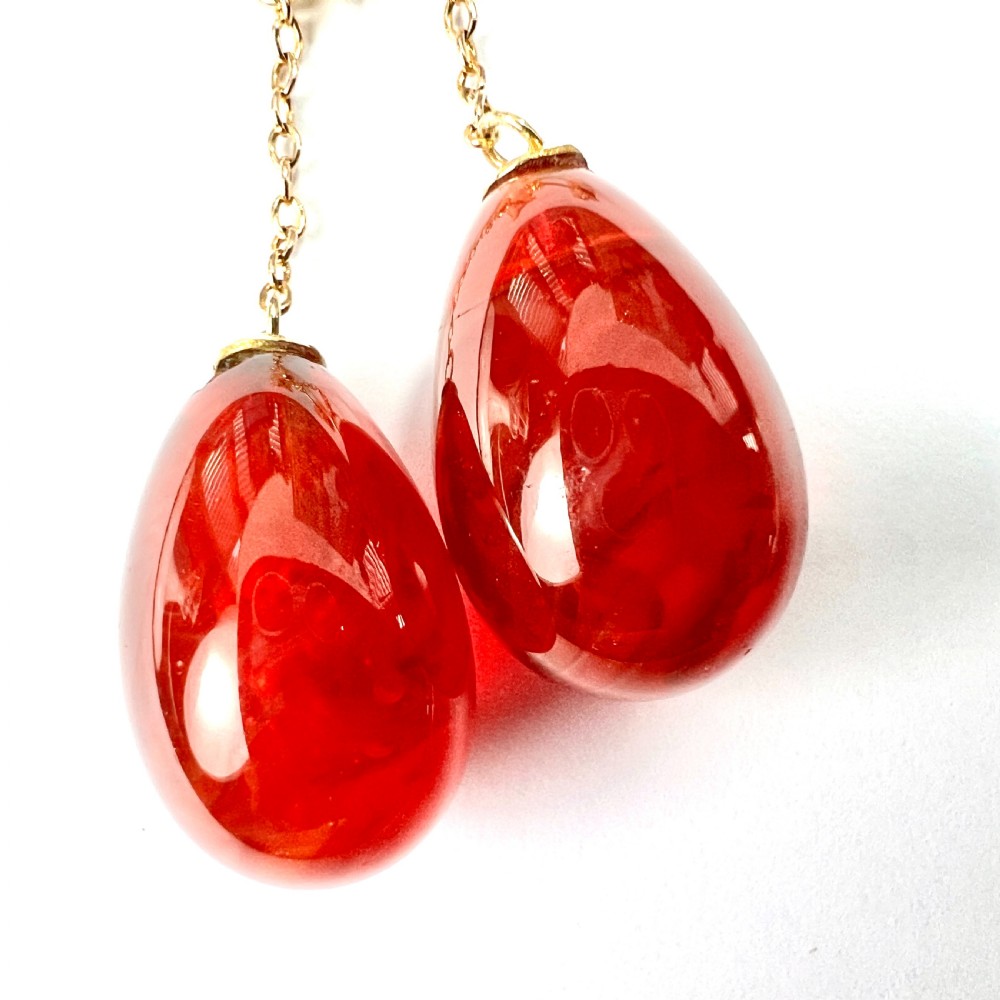 Edwardian Carnelian Glass Chain Drop Earrings in 9CT Gold View VIII