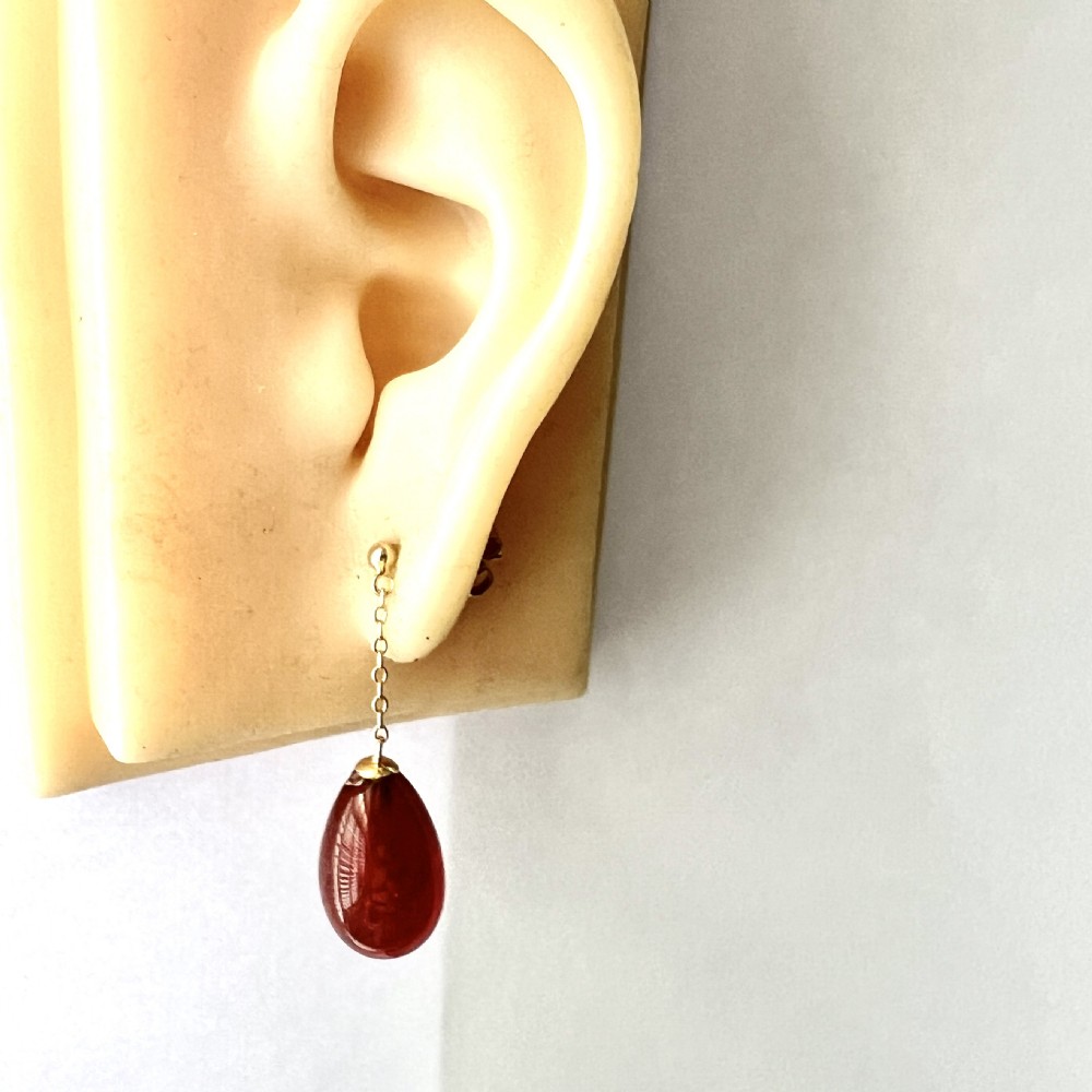 Edwardian Carnelian Glass Chain Drop Earrings in 9CT Gold View X