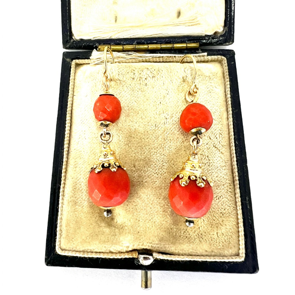Victorian Etruscan Coral Bead 18CT Gold Earrings