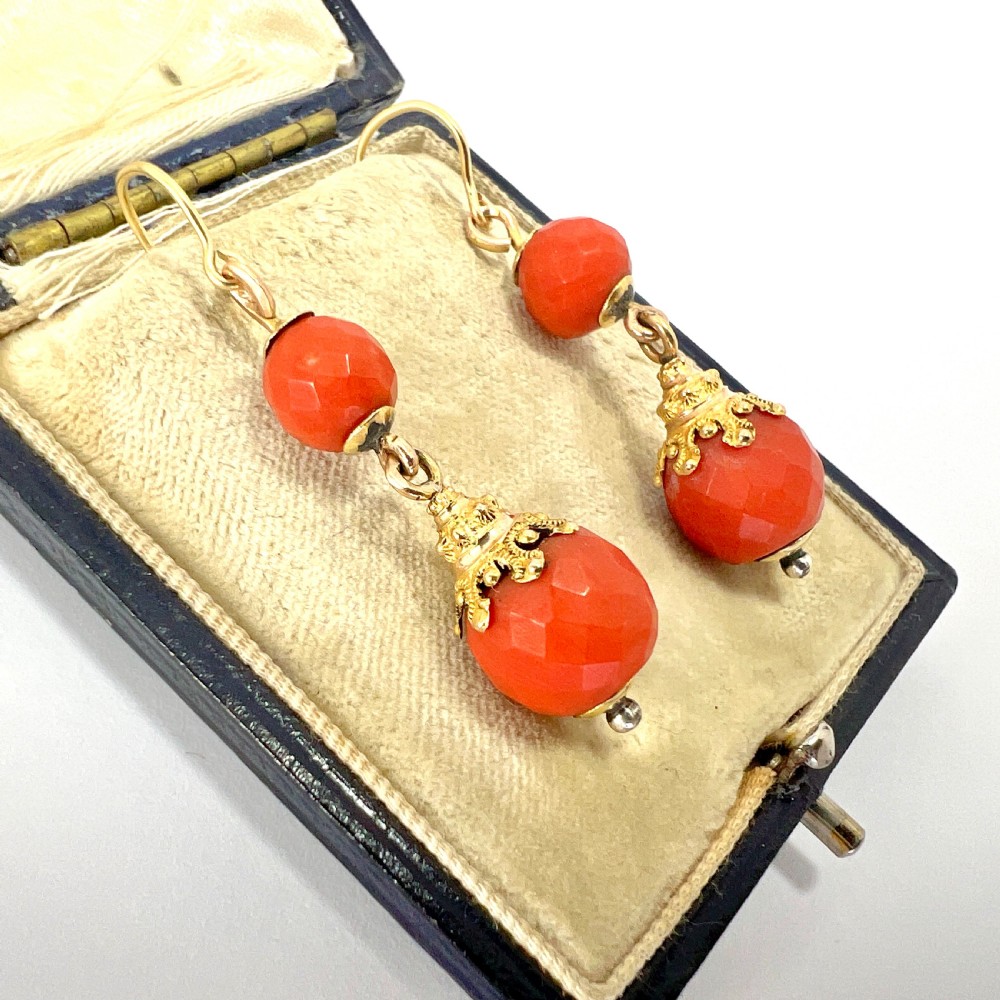 Victorian Etruscan Coral Bead 18CT Gold Earrings View II