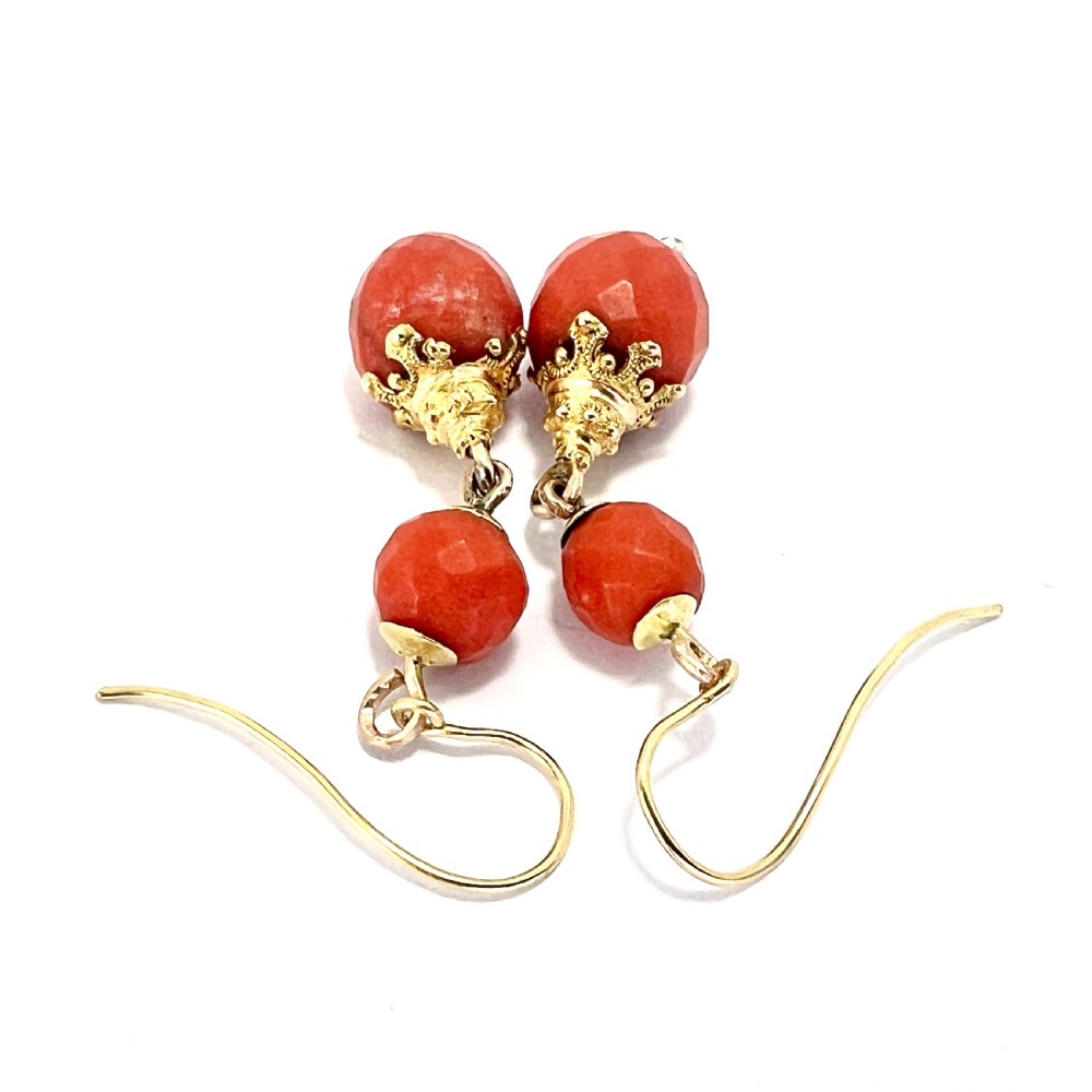 Victorian Etruscan Coral Bead 18CT Gold Earrings View IV