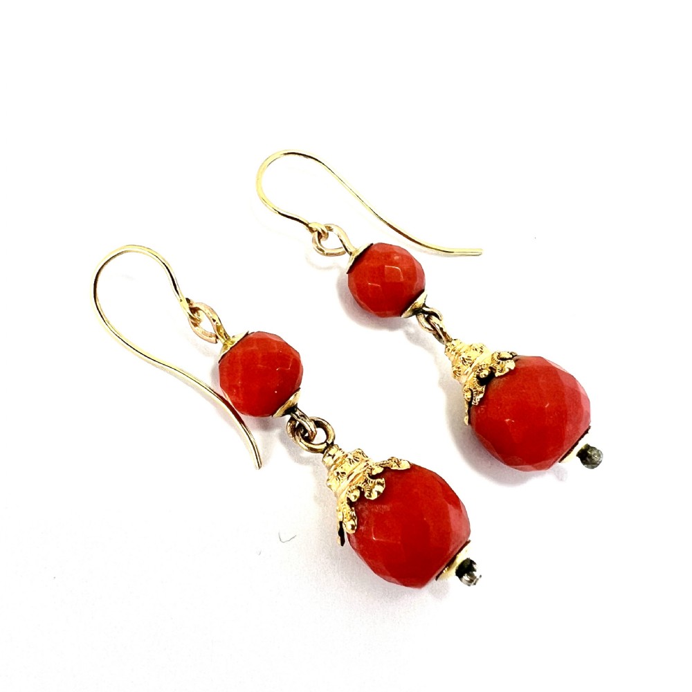 Victorian Etruscan Coral Bead 18CT Gold Earrings View V