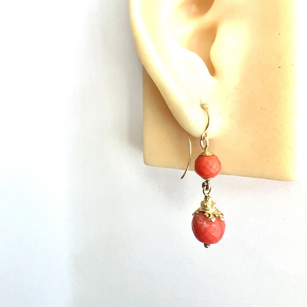 Victorian Etruscan Coral Bead 18CT Gold Earrings View VI