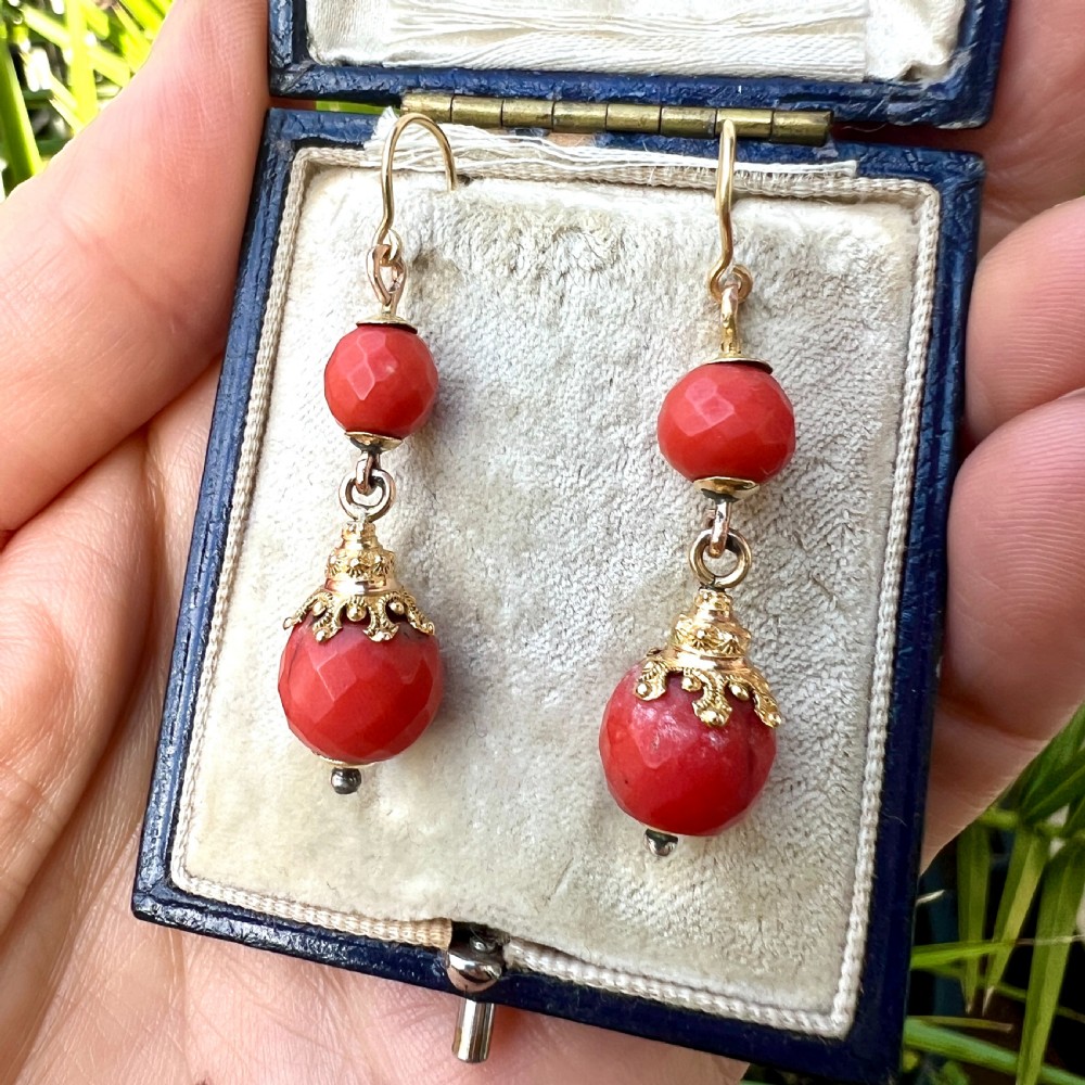 Victorian Etruscan Coral Bead 18CT Gold Earrings View VIII