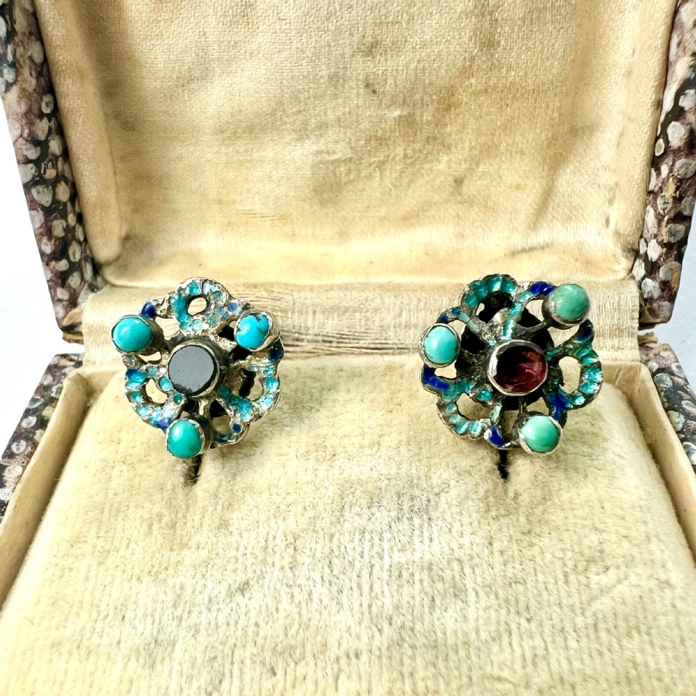 • Rare Antique Austro Hungarian Turquoise Garnet Enamel Silver Earrings