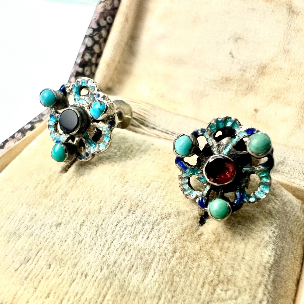 • Rare Antique Austro Hungarian Turquoise Garnet Enamel Silver Earrings View II