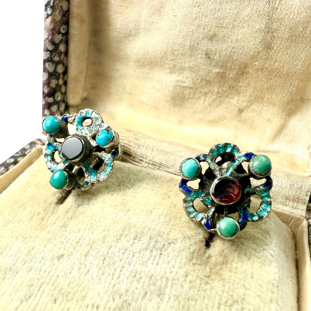 • Rare Antique Austro Hungarian Turquoise Garnet Enamel Silver Earrings View III