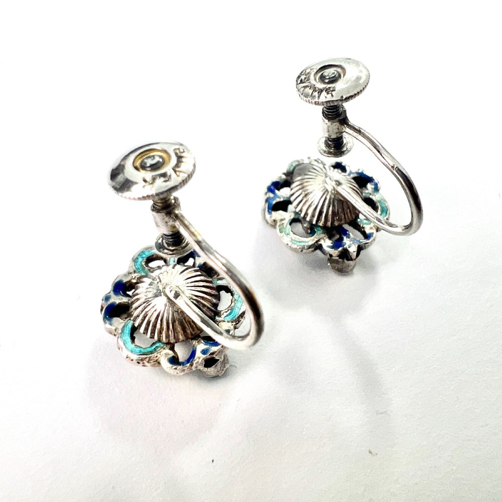 • Rare Antique Austro Hungarian Turquoise Garnet Enamel Silver Earrings View IV