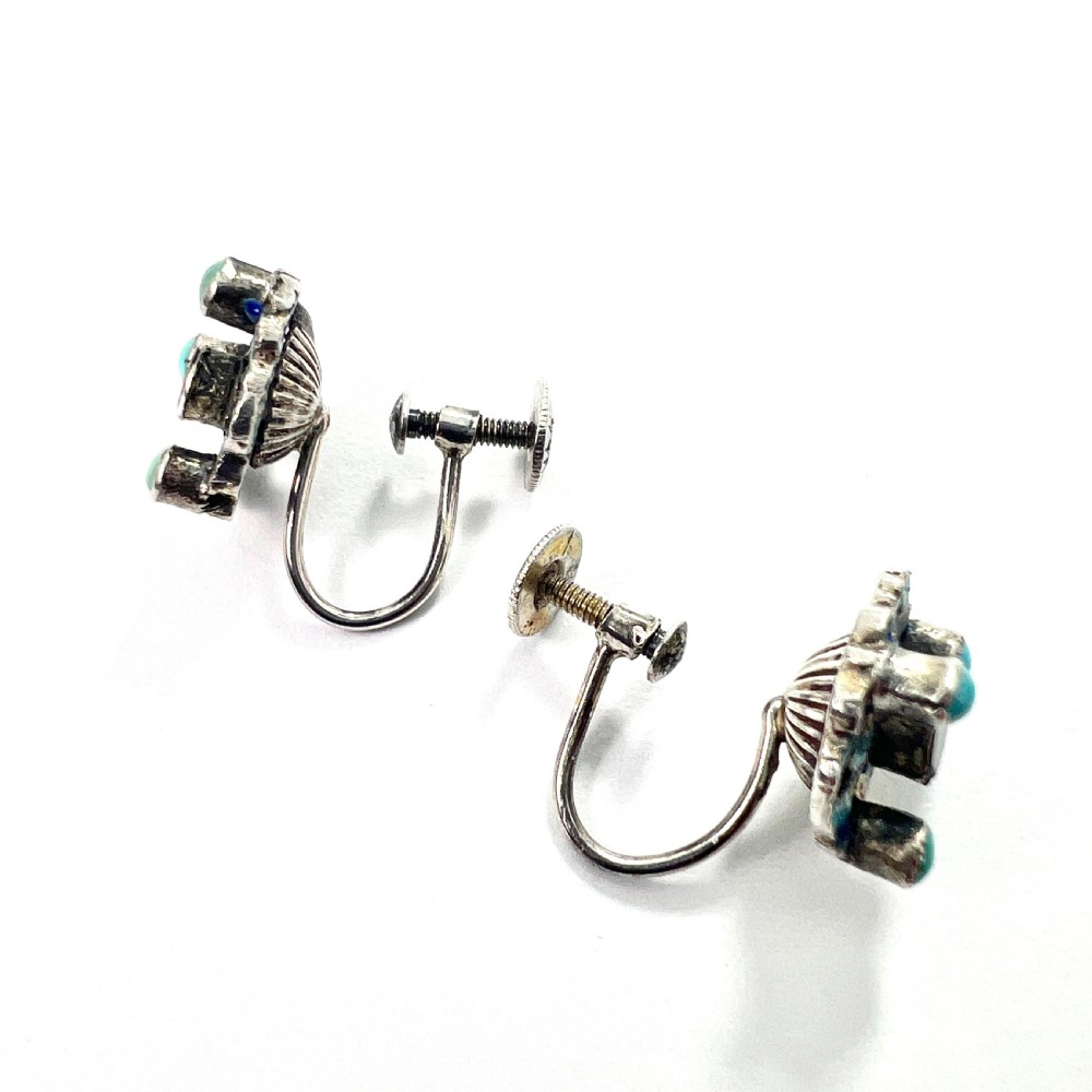 • Rare Antique Austro Hungarian Turquoise Garnet Enamel Silver Earrings View V