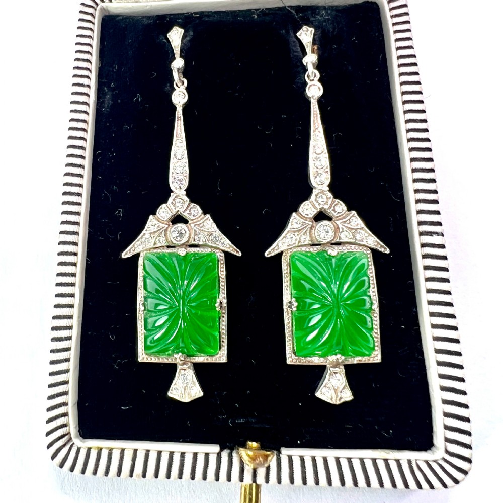 Art Deco 9CT Gold and Silver Green Pressed Glass Earrings