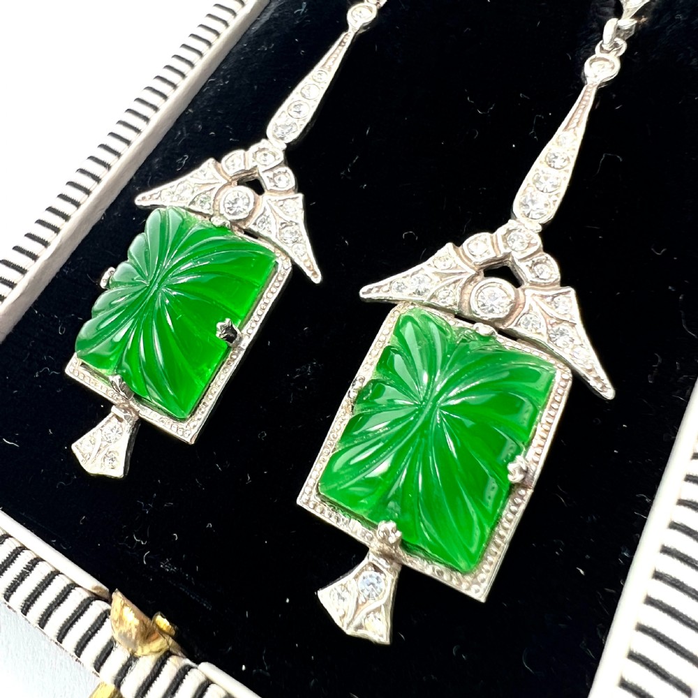 Art Deco 9CT Gold and Silver Green Pressed Glass Earrings View II