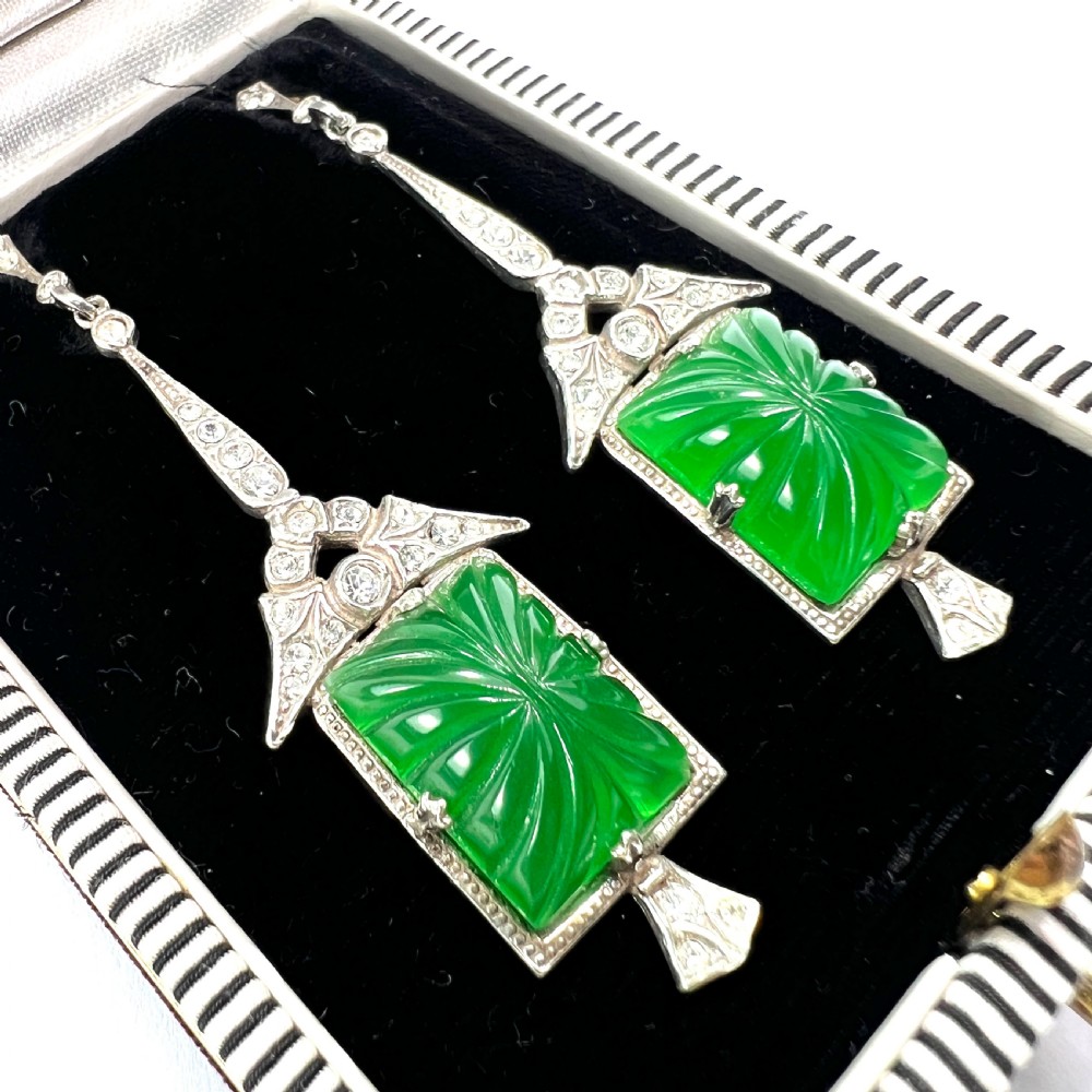 Art Deco 9CT Gold and Silver Green Pressed Glass Earrings View III