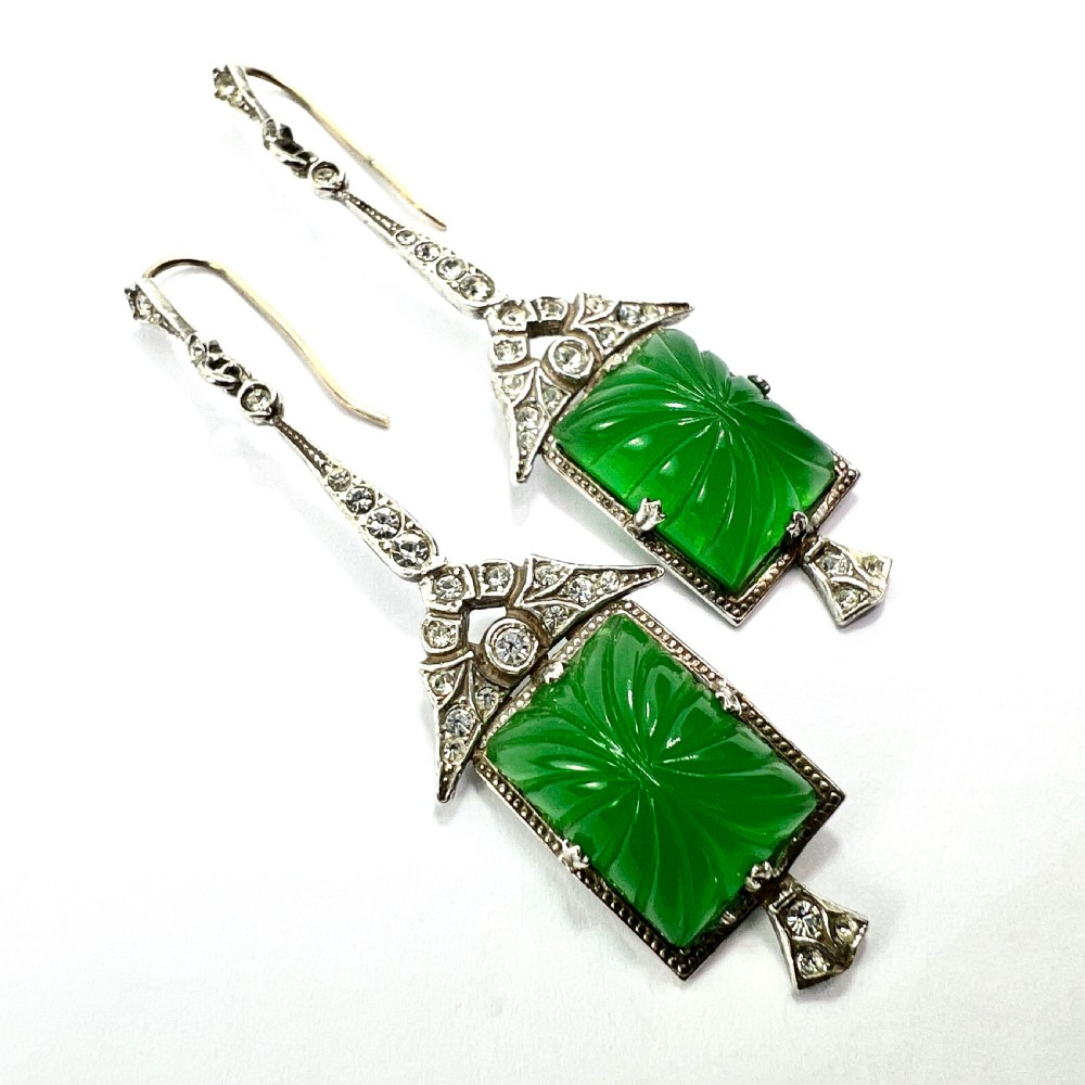 Art Deco 9CT Gold and Silver Green Pressed Glass Earrings View IV