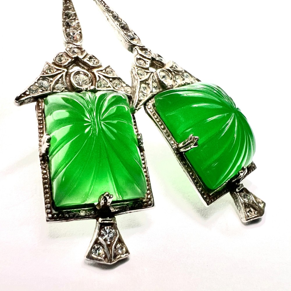 Art Deco 9CT Gold and Silver Green Pressed Glass Earrings View V