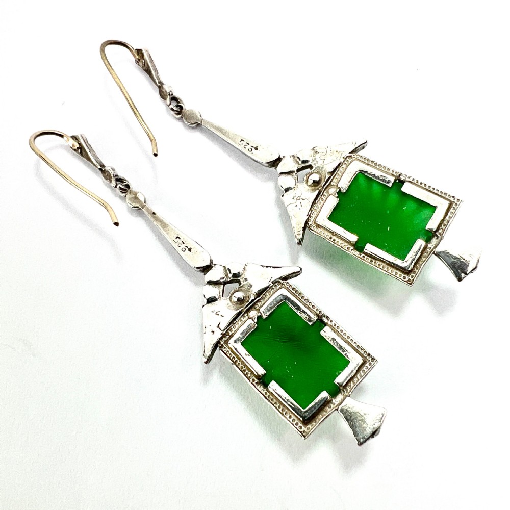 Art Deco 9CT Gold and Silver Green Pressed Glass Earrings View VI