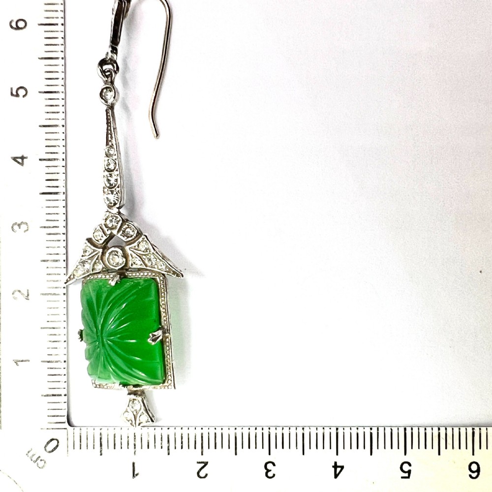 Art Deco 9CT Gold and Silver Green Pressed Glass Earrings View VIII