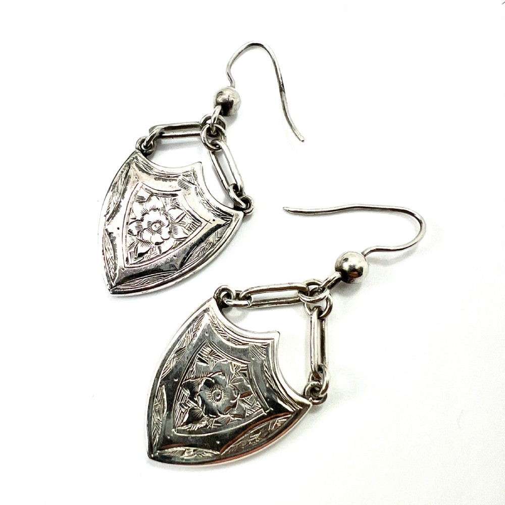 Rare Large Victorian Silver Shield Drop Earrings View II