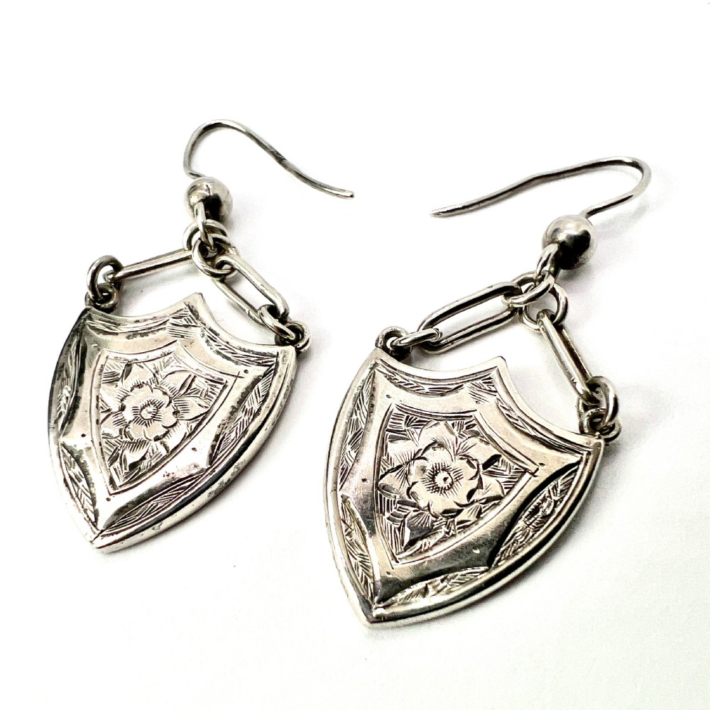 Rare Large Victorian Silver Shield Drop Earrings View III