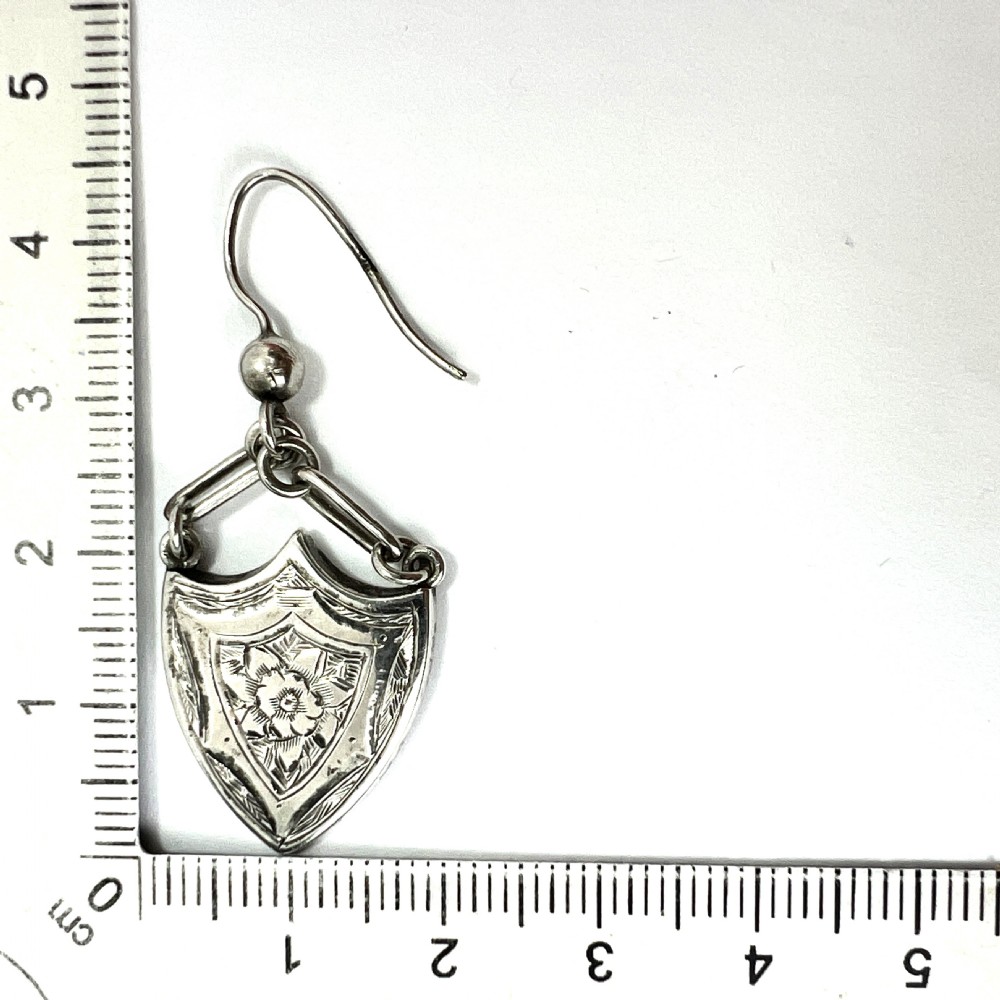 Rare Large Victorian Silver Shield Drop Earrings View VI