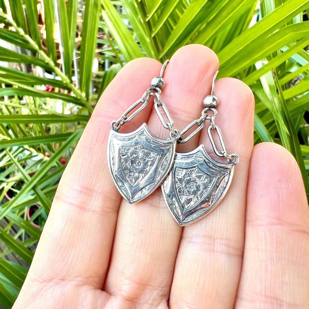 Rare Large Victorian Silver Shield Drop Earrings View VII