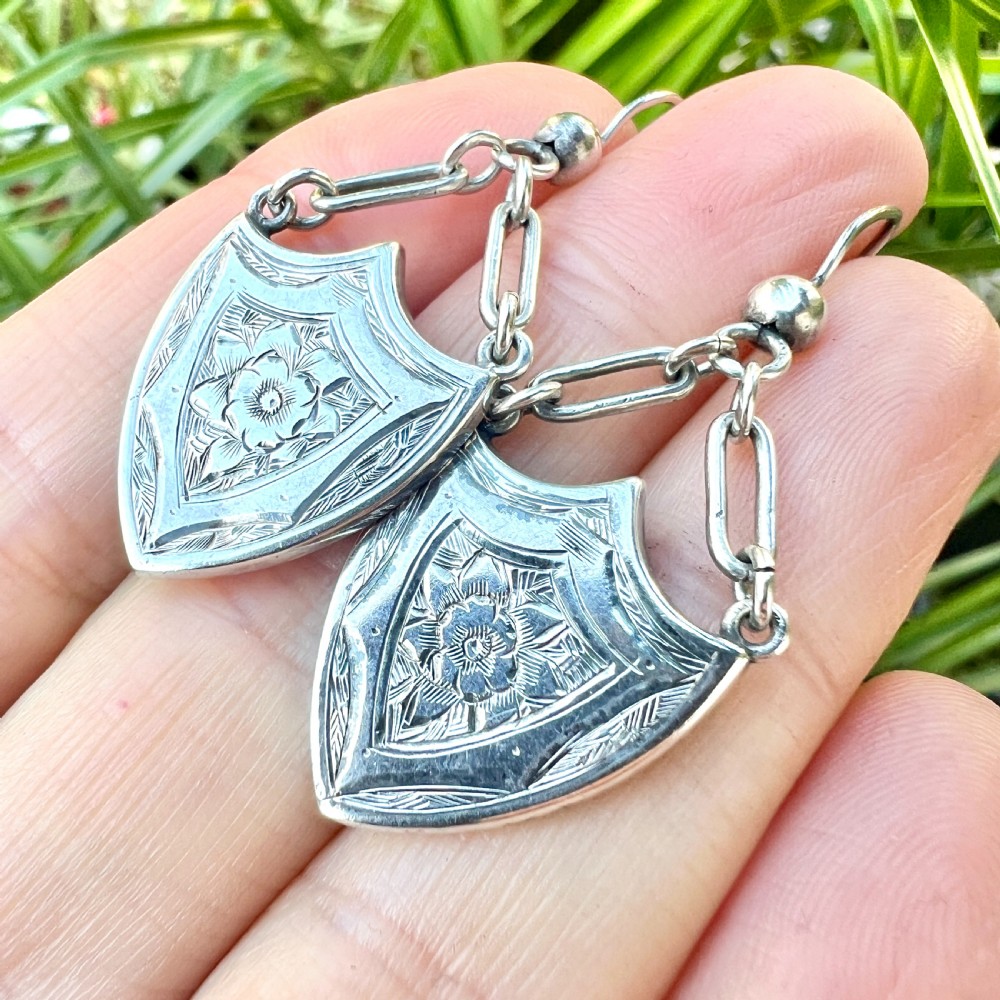 Rare Large Victorian Silver Shield Drop Earrings View VIII