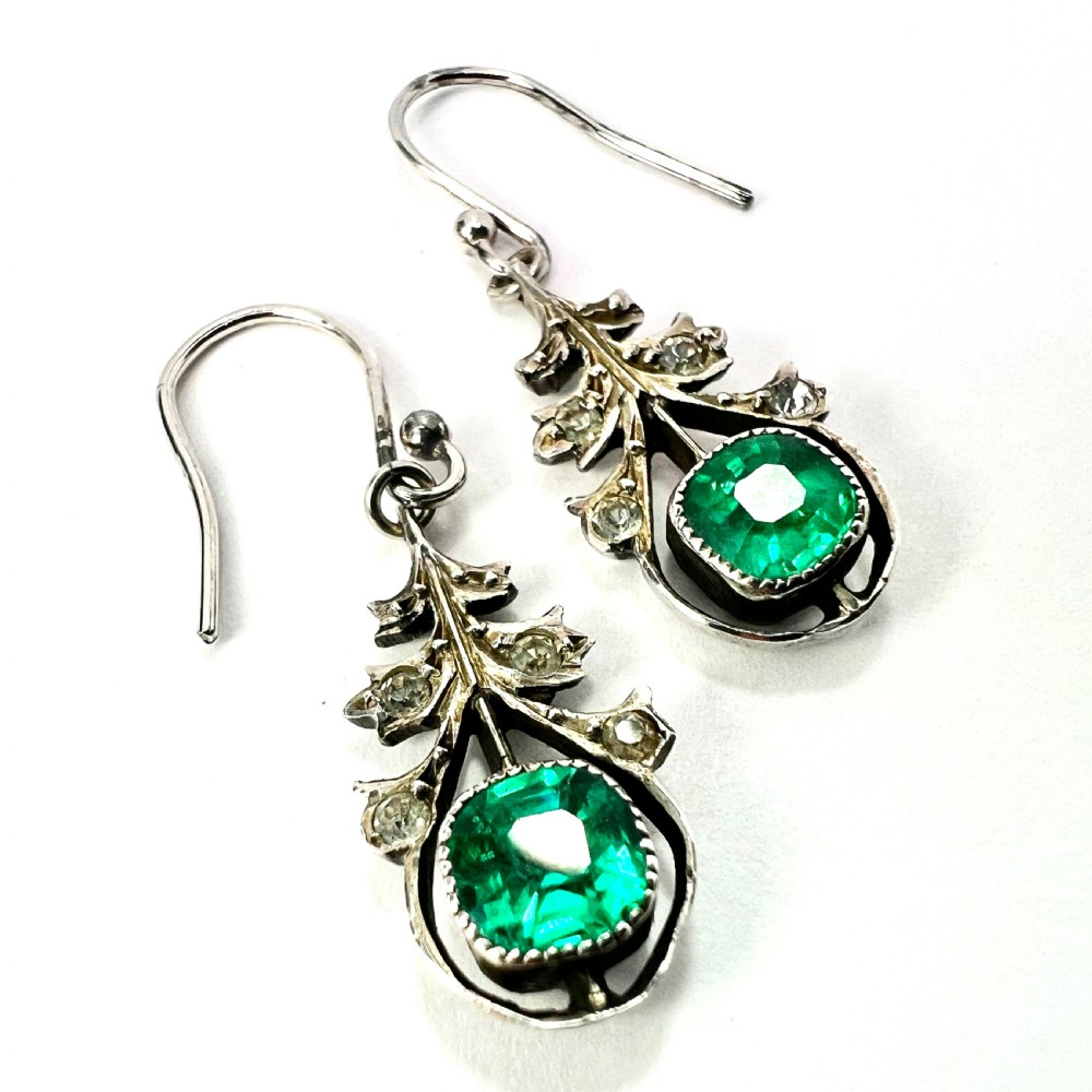 Antique Austro Hungarian Emerald Paste Silver Earrings View II