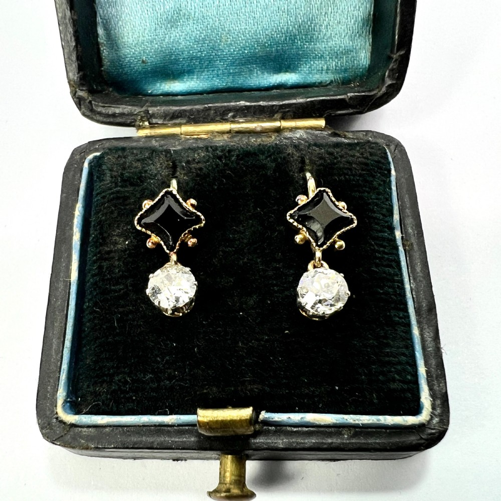 Vintage Onyx and Trembling Diamond Drop Gold Earrings