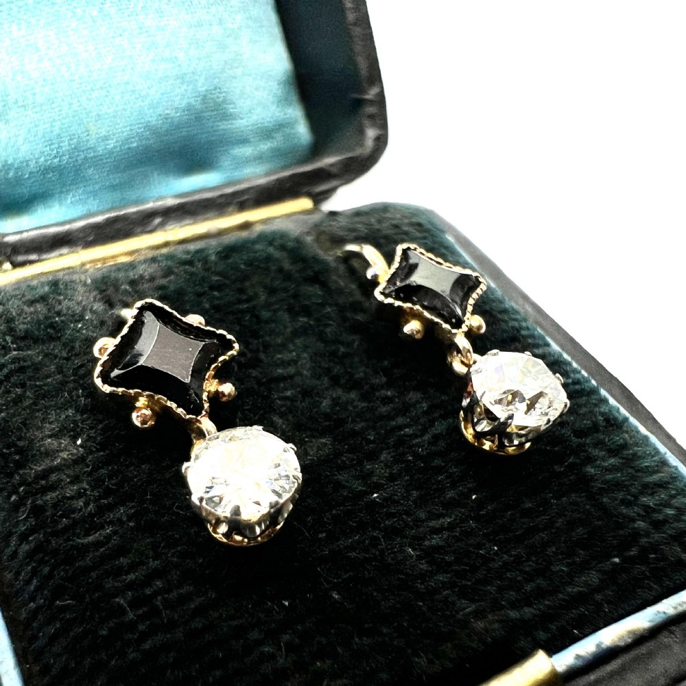 Vintage Onyx and Trembling Diamond Drop Gold Earrings View II
