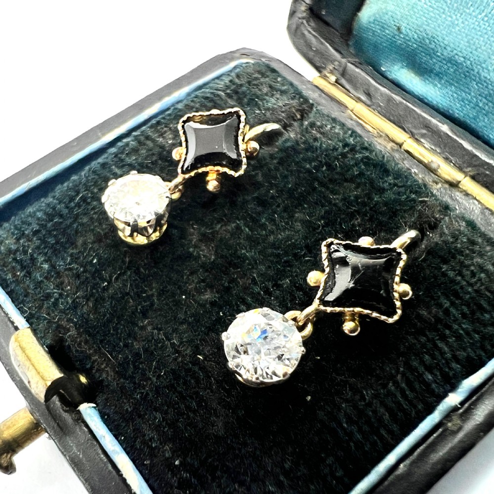 Vintage Onyx and Trembling Diamond Drop Gold Earrings View III