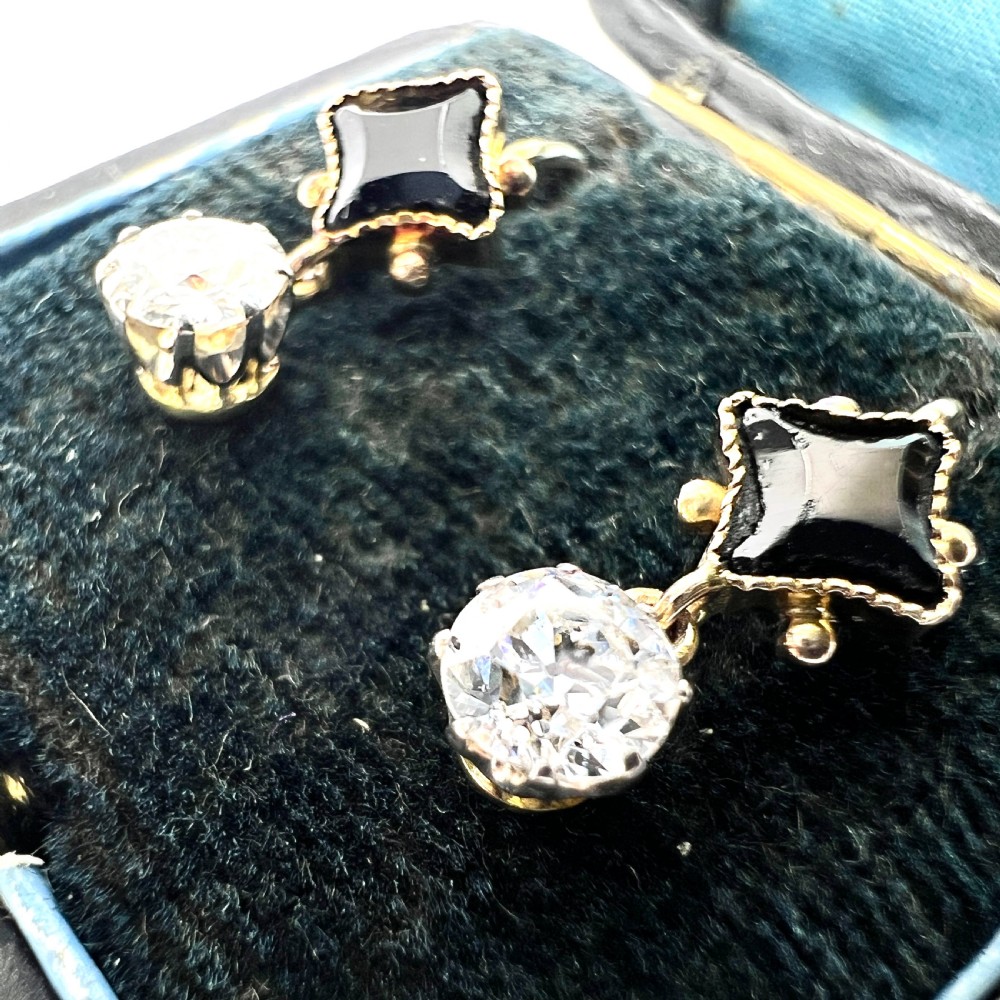 Vintage Onyx and Trembling Diamond Drop Gold Earrings View V