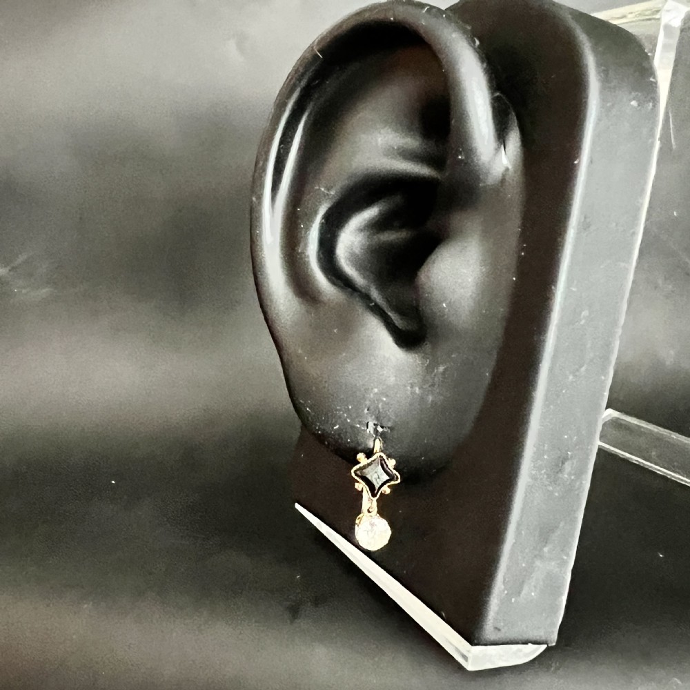Vintage Onyx and Trembling Diamond Drop Gold Earrings View VI