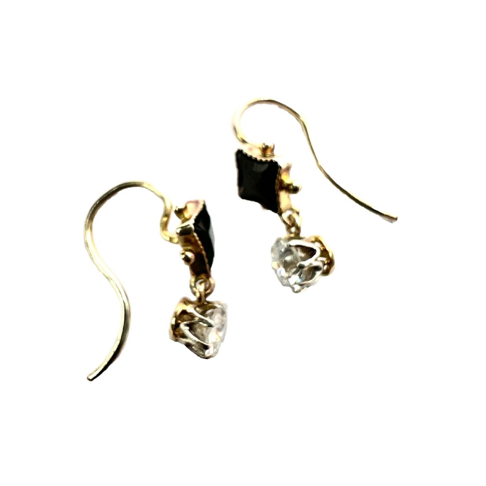 Vintage Onyx and Trembling Diamond Drop Gold Earrings View VIII
