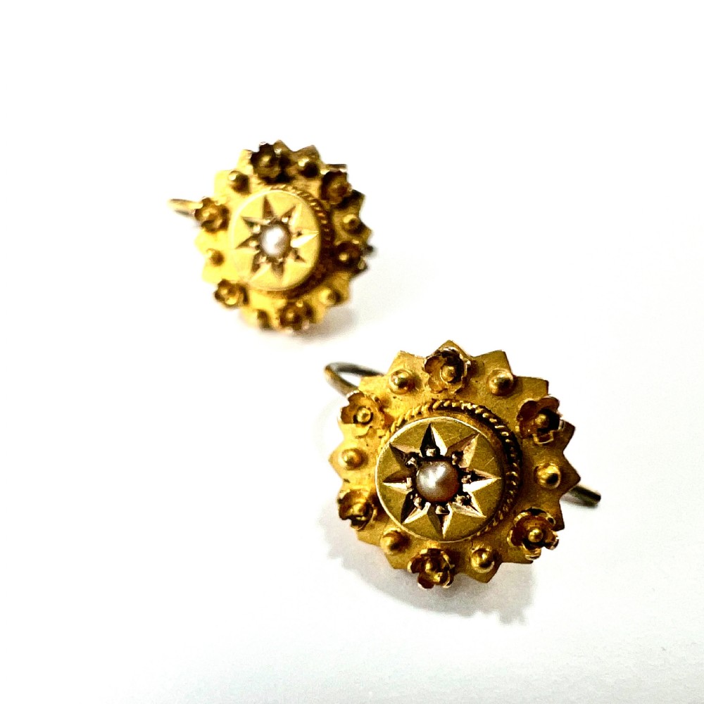 Victorian 15CT Gold and Pearl Flower Earrings View II
