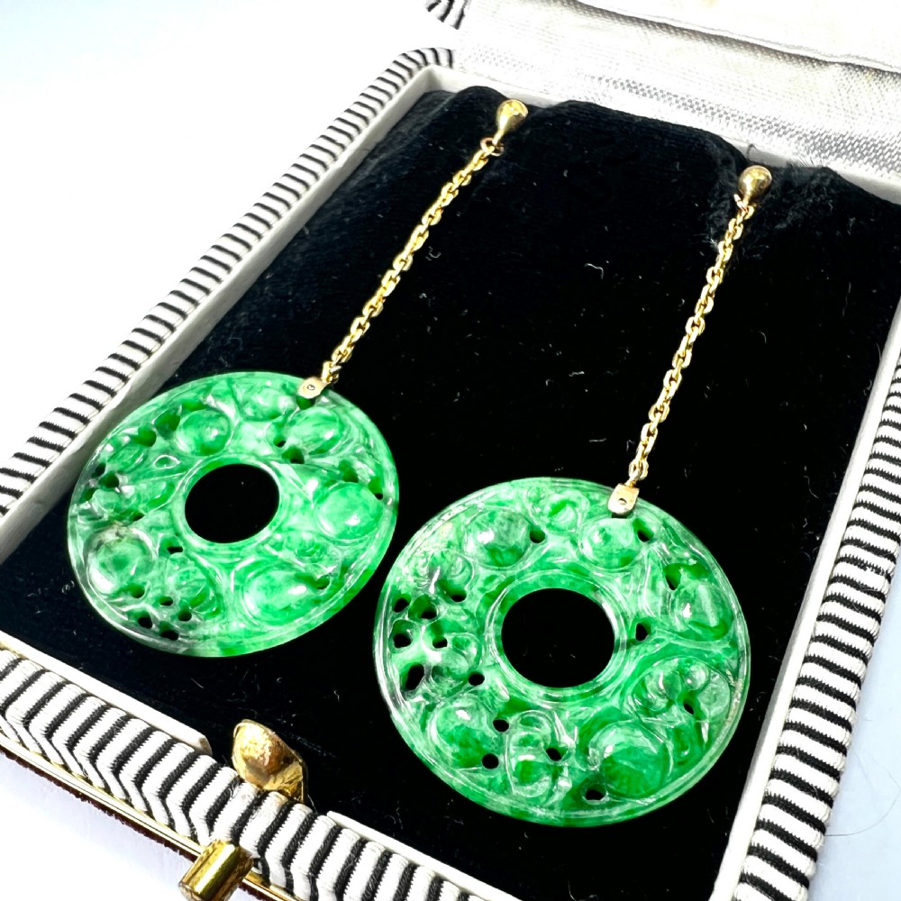 Edwardian Art Deco 9CT Gold Jade Chain Drop Earrings View II